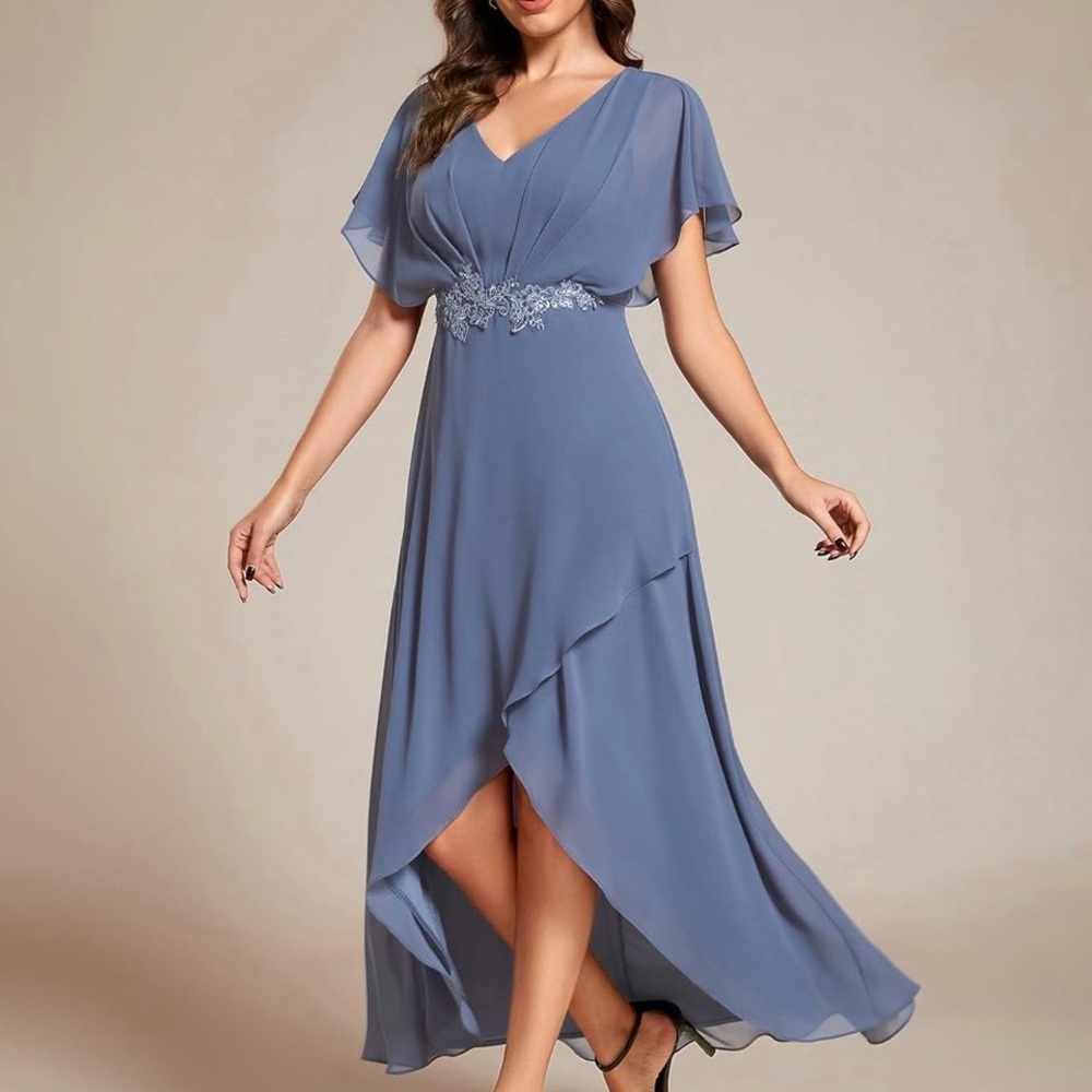 Ever Pretty Dusty Blue V-Neck High-Low Dress with Lace Waist